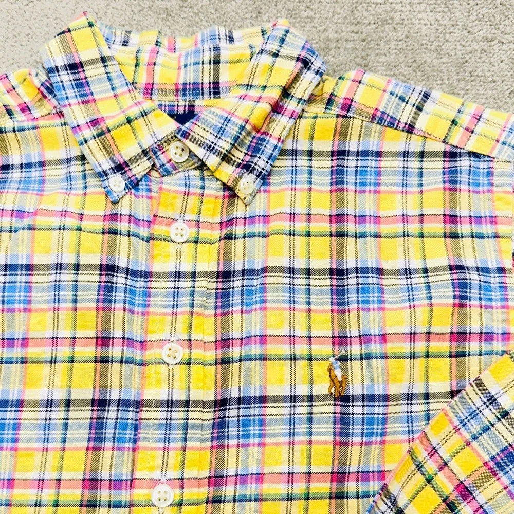 Ralph Lauren Boys Shirt Size 10 Yellow Multicolor Plaid Flesh Pony Long Sleeve
